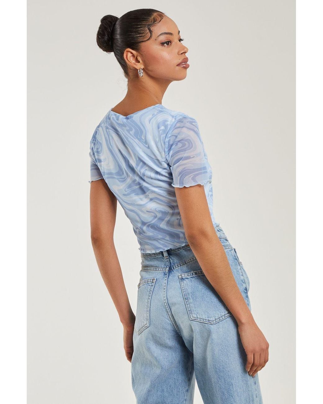 Pink Vanilla Blue Swirl Print Capped Sleeve Mesh Top