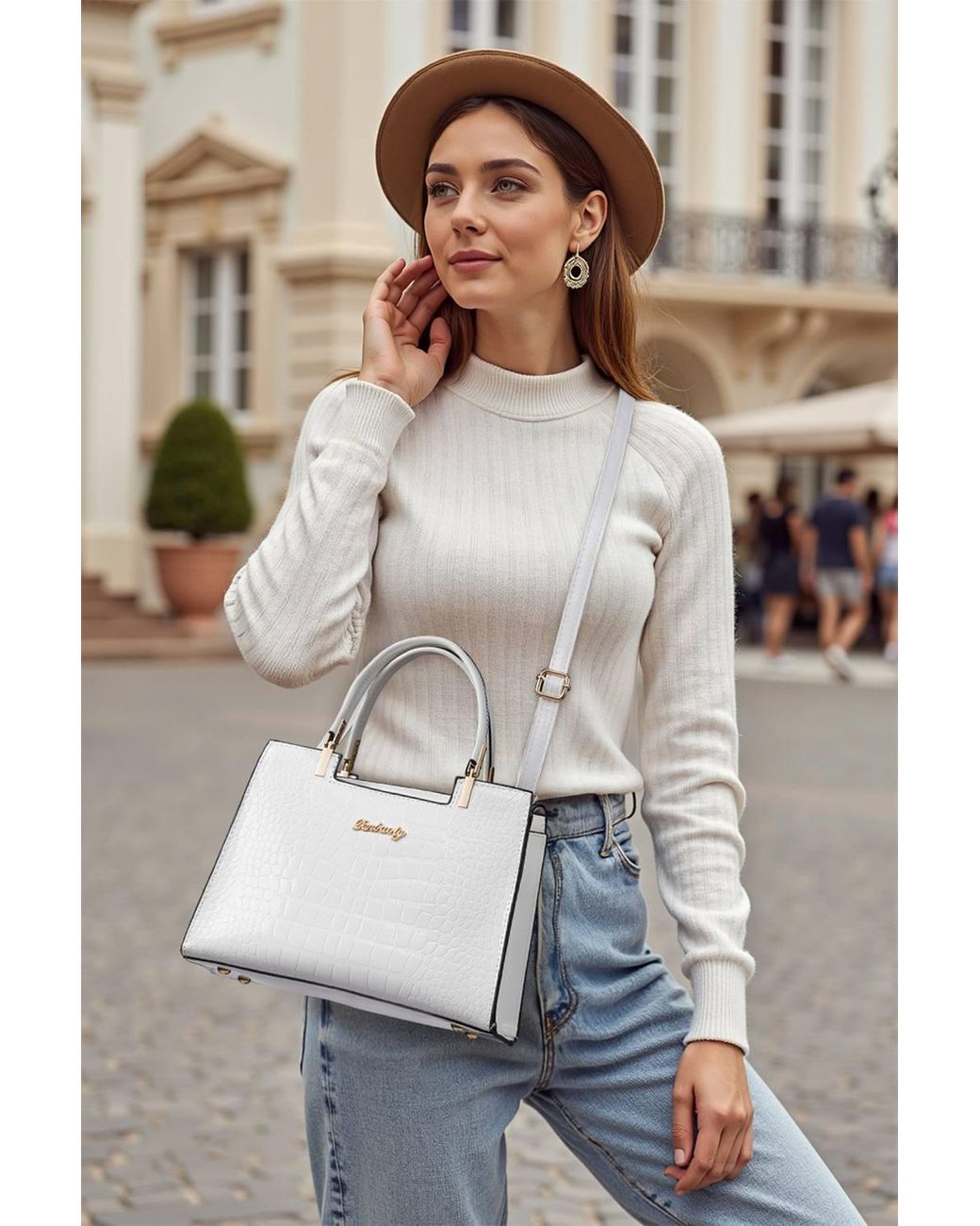 MODISHION White Glossy Pu Croc-Embossed Handbag With Crossbody Strap