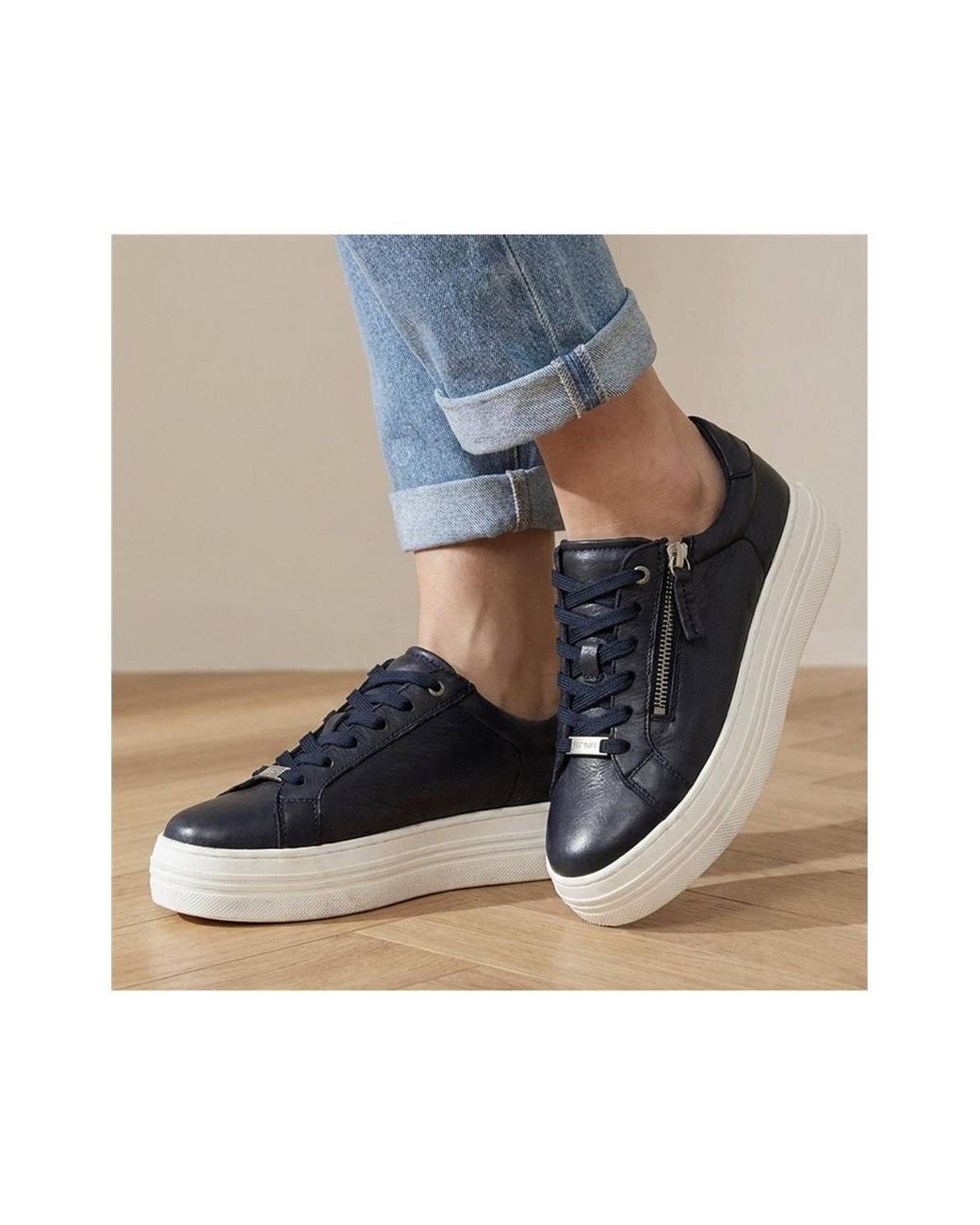 Jones Bootmaker Blue Amaliadawide Wide Fit Leather Platform Trainers