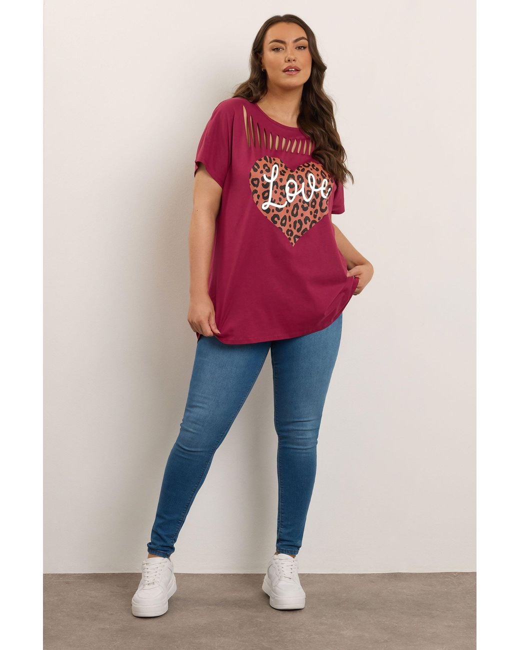 Yours Red Leopard Heart Slash Detail Top