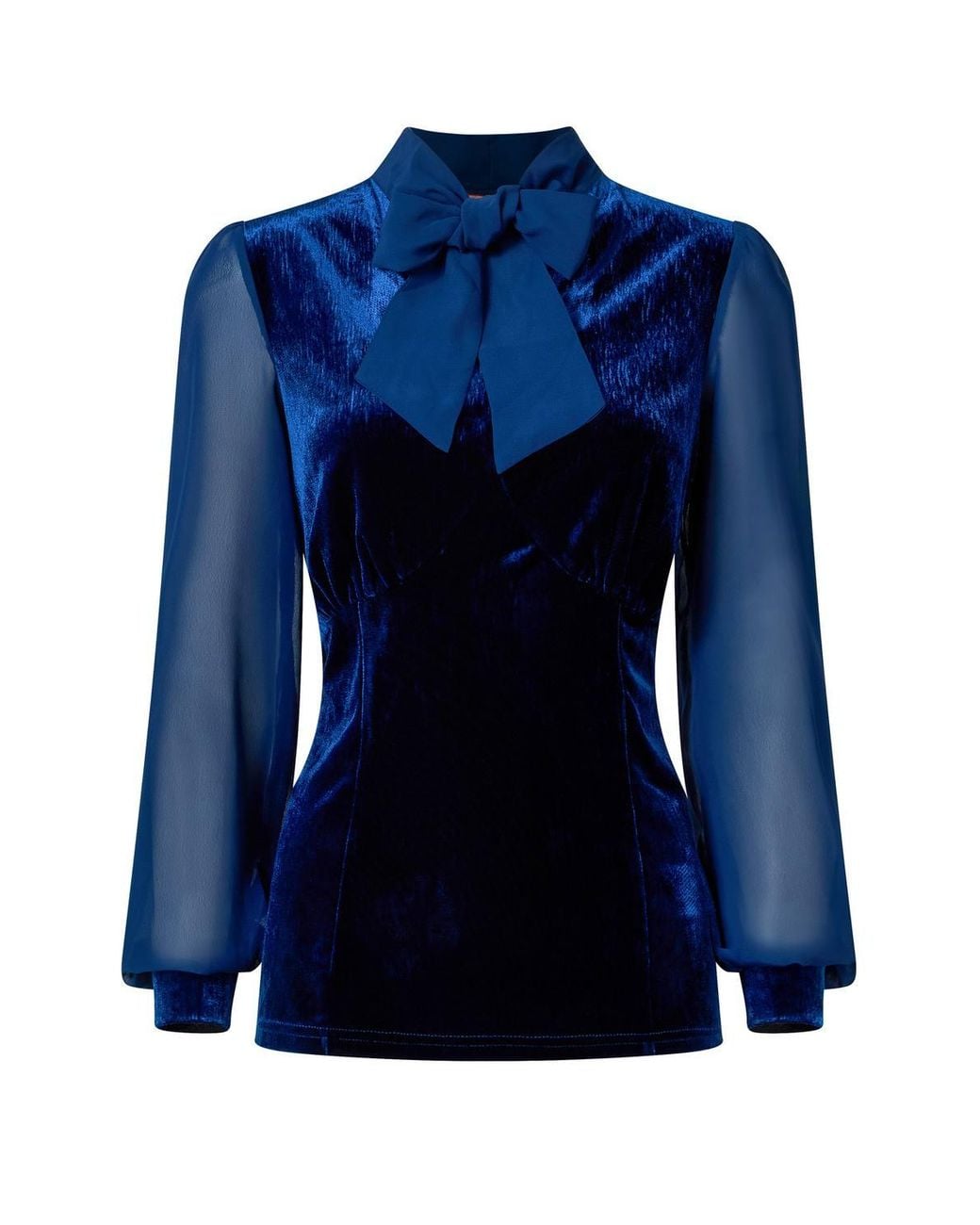 Joe Browns Blue Velour Tie Neck Top With Woven Sleeve