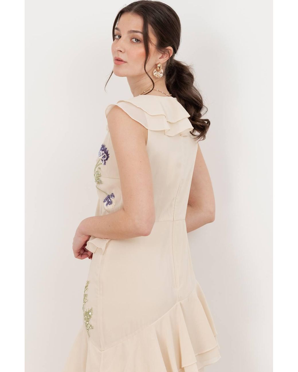 Maya Deluxe Natural Embellished Asymmetric Ruffle Maxi Dress