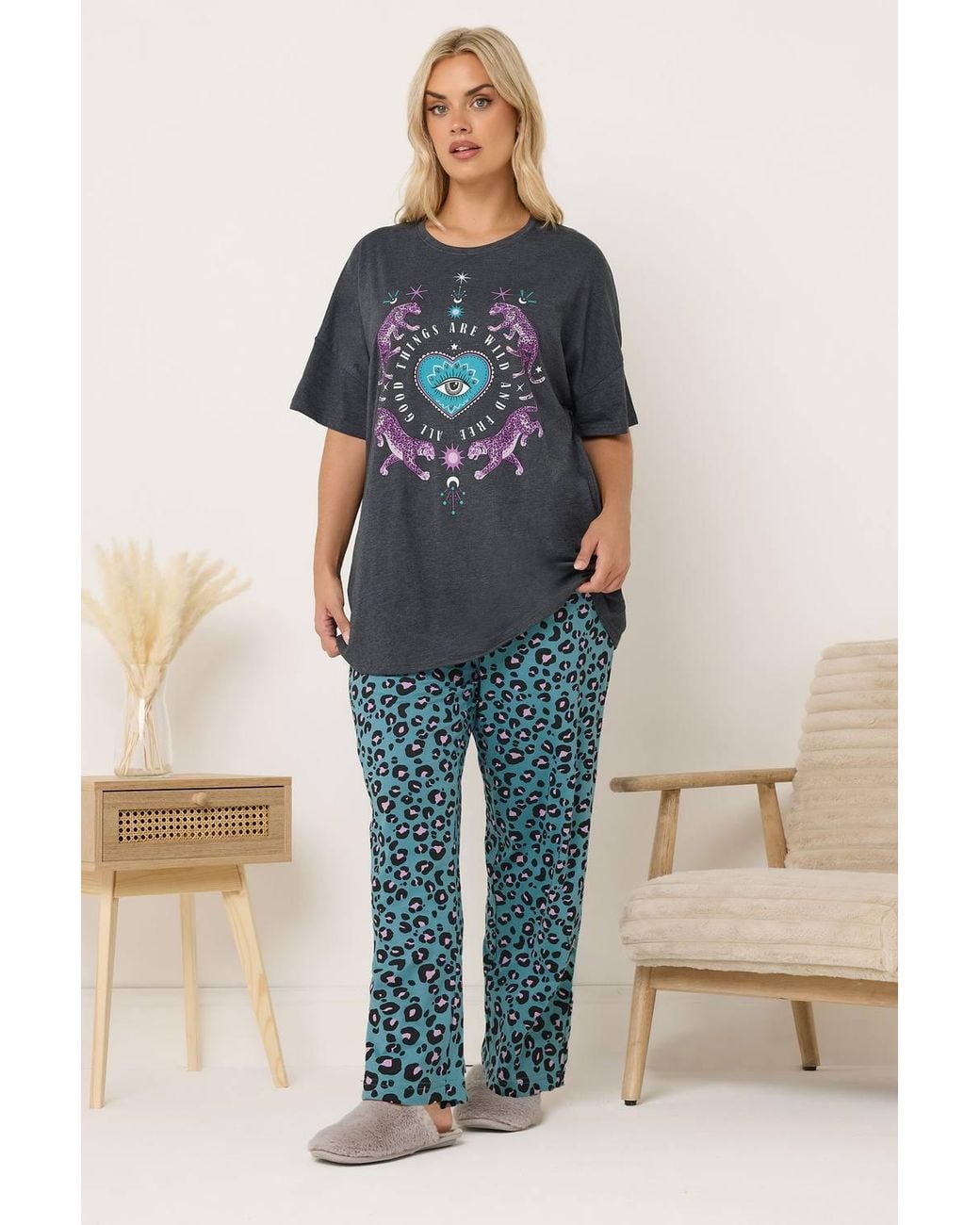 Yours Blue Leopard Wide Leg Pyjama Set