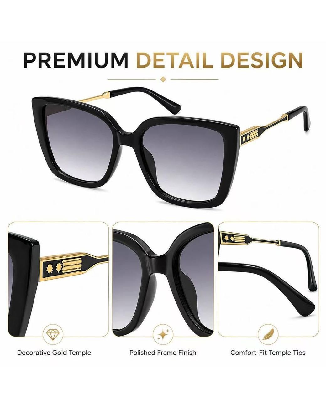 BluCore Black Elegent Sunglasses, Frame With Accent Temples