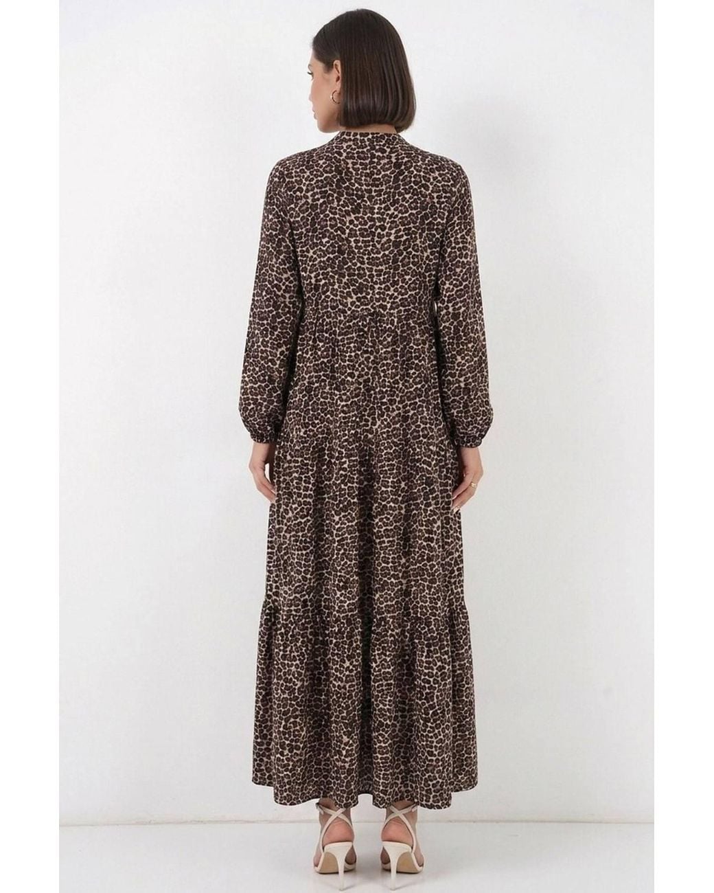 Bigdart Brown Patterned V-Neck Maxi Dress With Button Closure