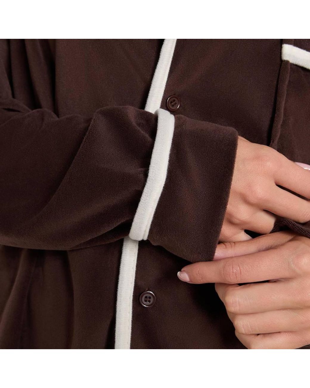 OHS Brown Piped Edge Matte Velvet Button Through Pyjama Set Nightwear Pjs