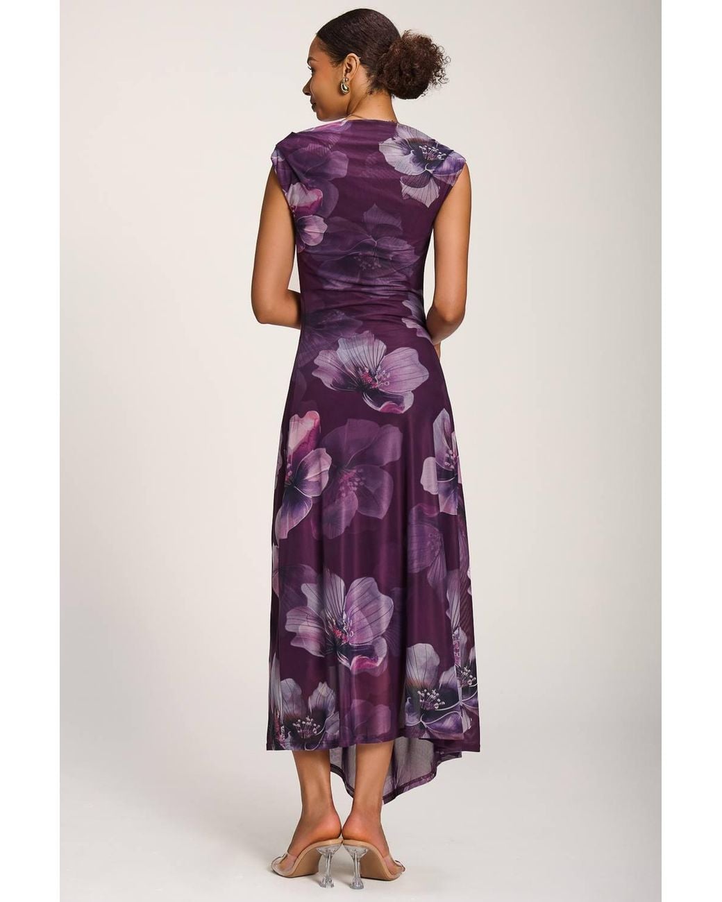 Jolie Moi Purple Asymmetric Draped Mesh Maxi Dress