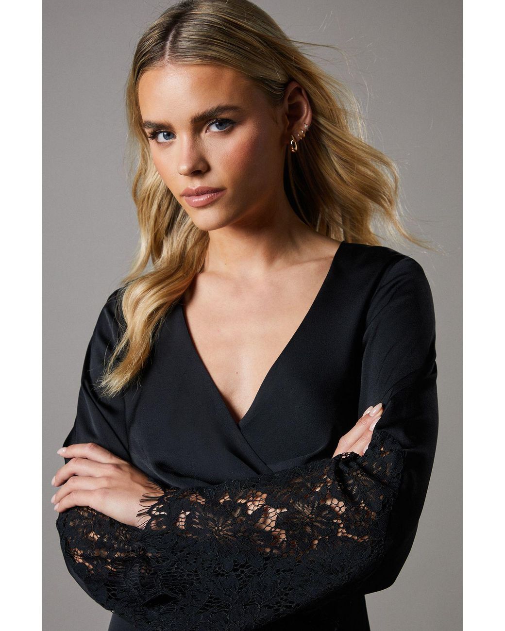 Coast Black Petite Lace Panelled Satin Wrap Midi Dress