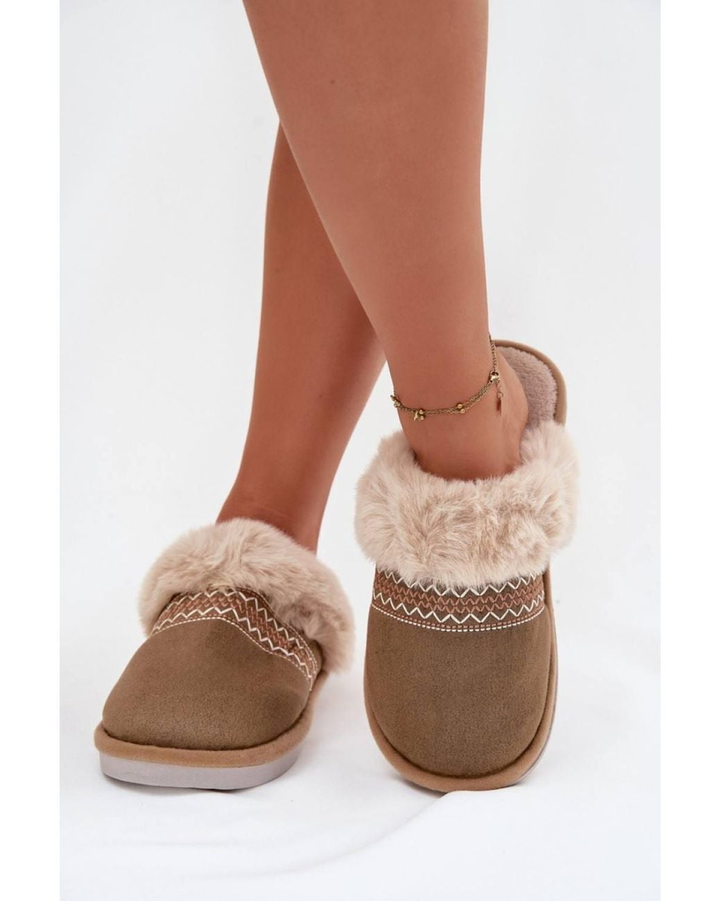 Love Lace Brown Cozy Soft Fabric Slippers With Faux Fur & Embroidery Warm