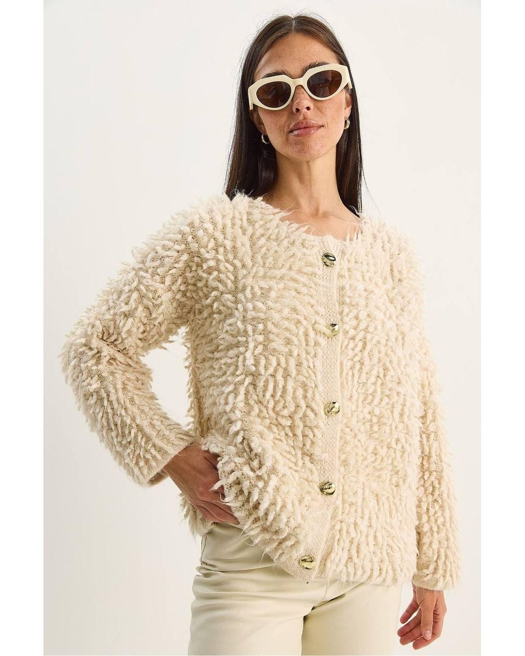 Bianco Lucci Natural Textured Button-Up Cardigan