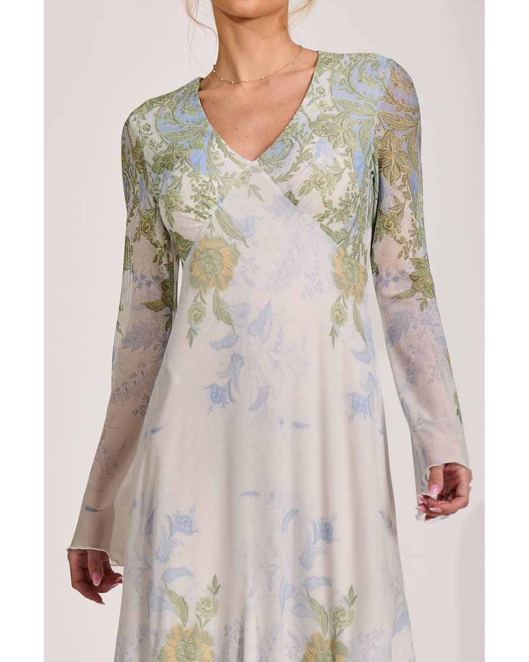 Jolie Moi Natural Long Sleeve Godet Mesh Maxi Dress