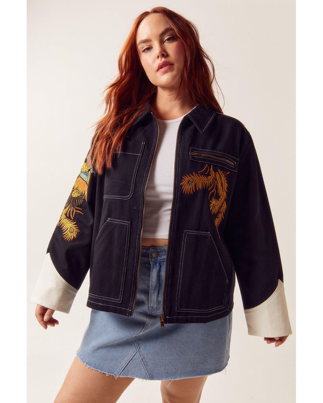 Plus size top embroidered leather jacket