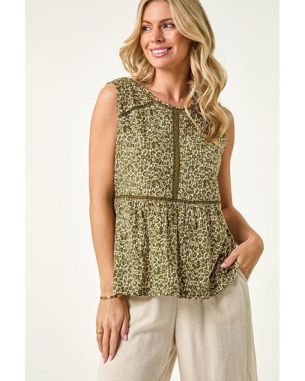 Roman Green Petite Floral Print Trim Vest Top