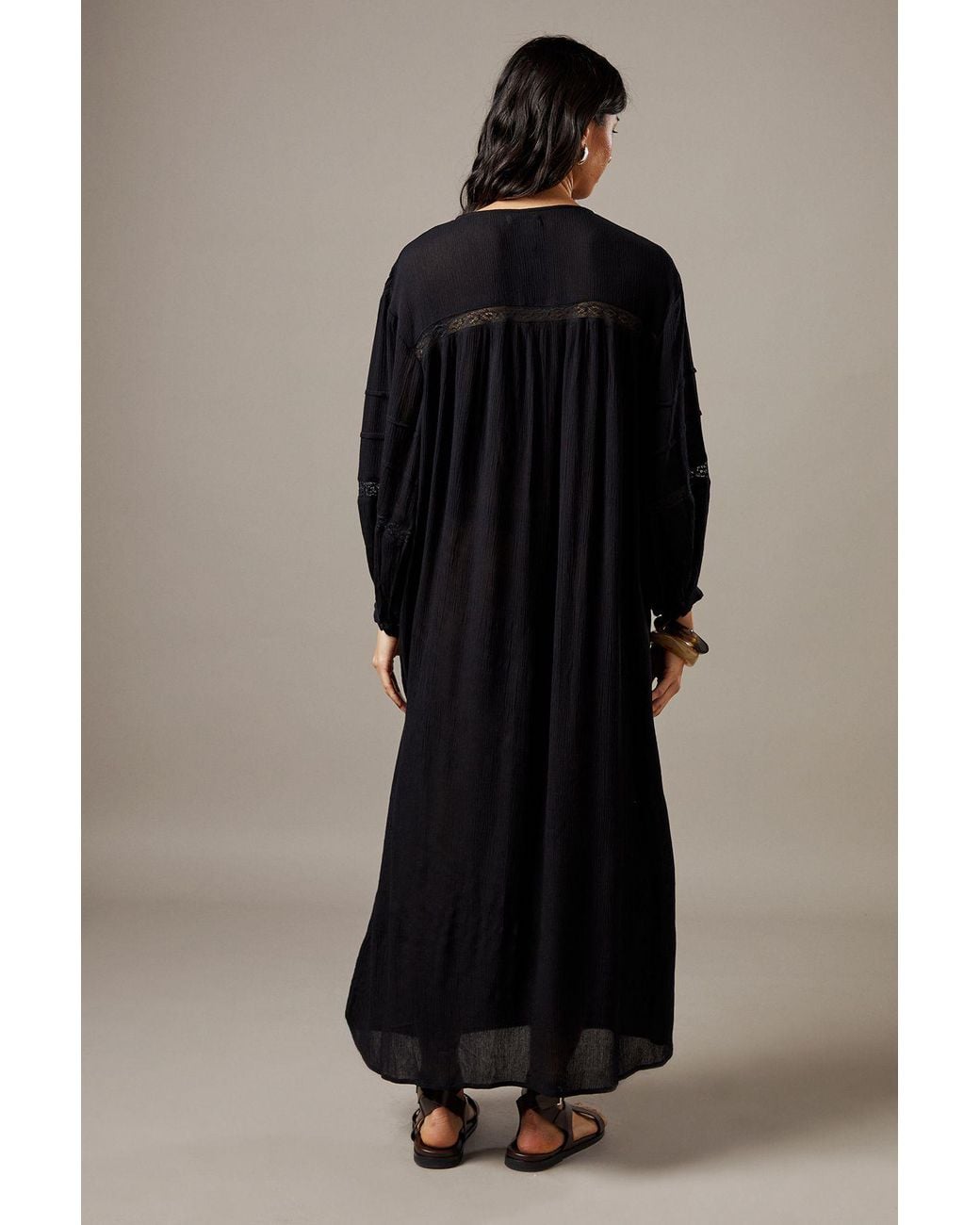 Warehouse Black Cheesecloth Embroidered Trim Insert Midi Smock Dress