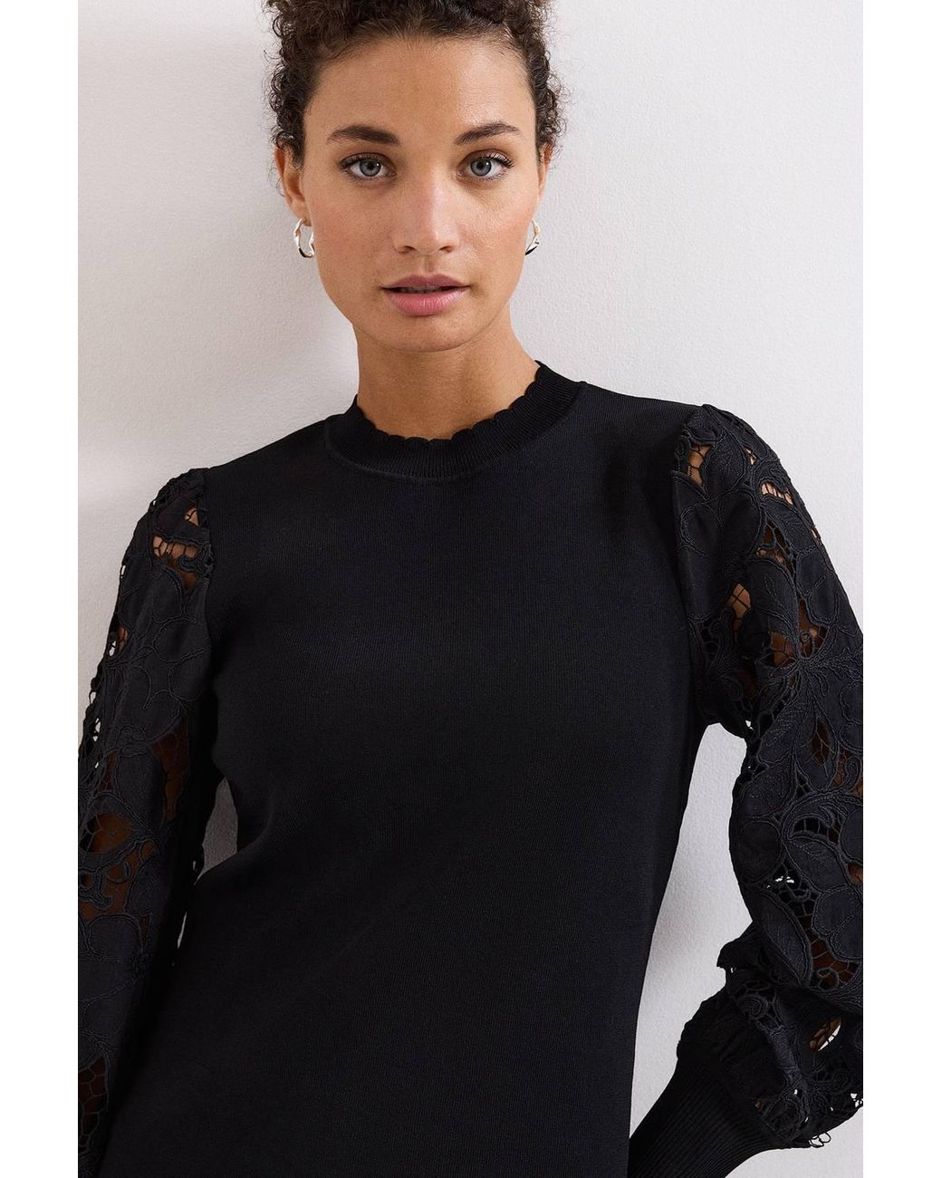 Phase Eight Blue Harriet Lace Sleeve Round Neck Jumper