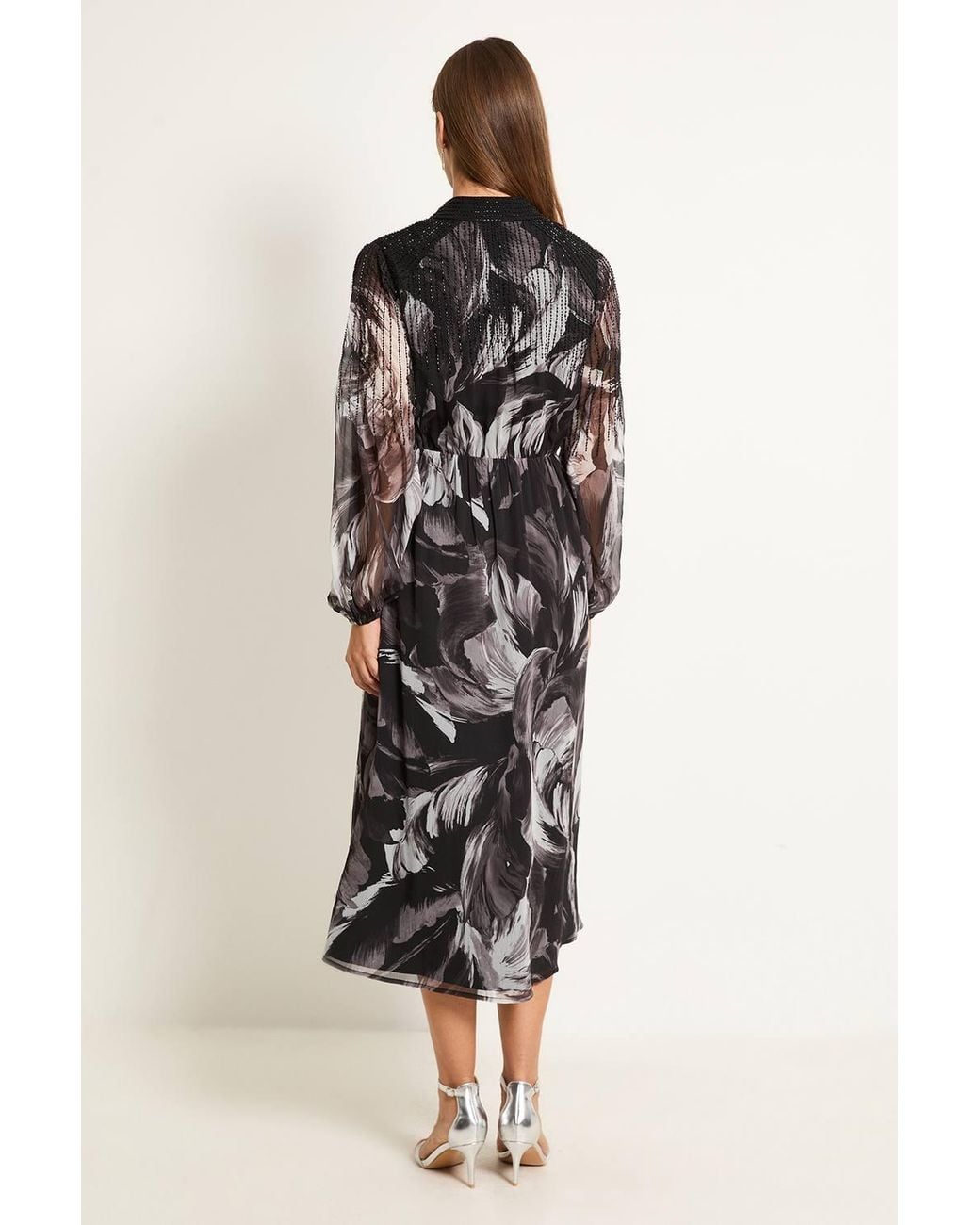 Wallis Black Feather Embellished Tie Neck Midi Dress