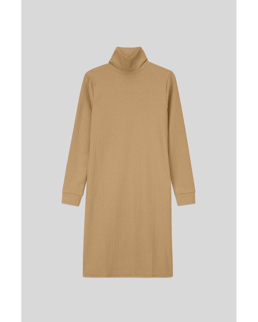 Enorsia Natural Ribbed Roll Neck Long Sleeve Mini Dress
