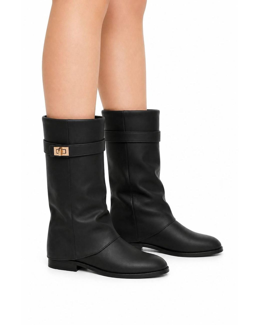 Miss Diva Black Isley Round Toe Trim Buckle Fold Over Knee High Pu Boots