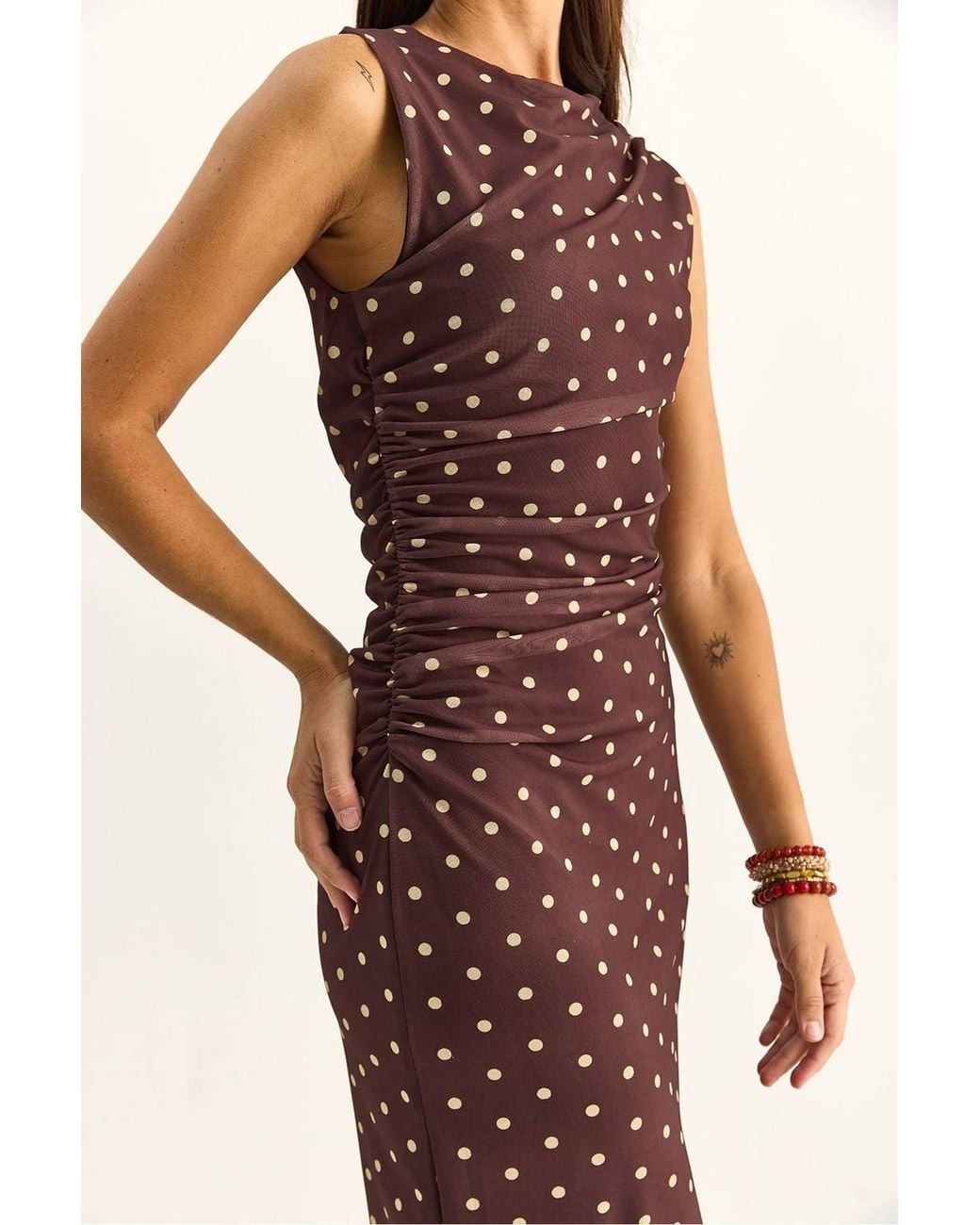 Bianco Lucci Brown Polka Dot Bodycon Midi Dress