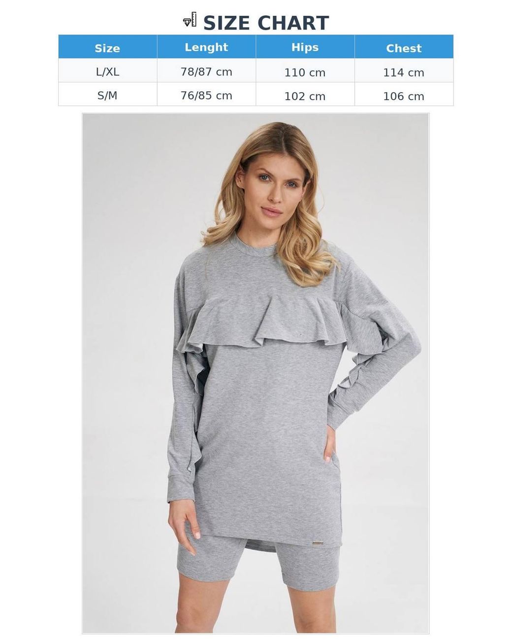 Love Lace Gray Cotton Long Sleeve Tunic With Bust Ruffle Style 162357
