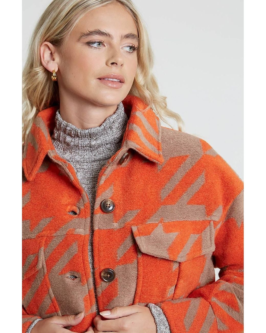 Native Youth Red Houndstooth Print Brushed Button Shacket