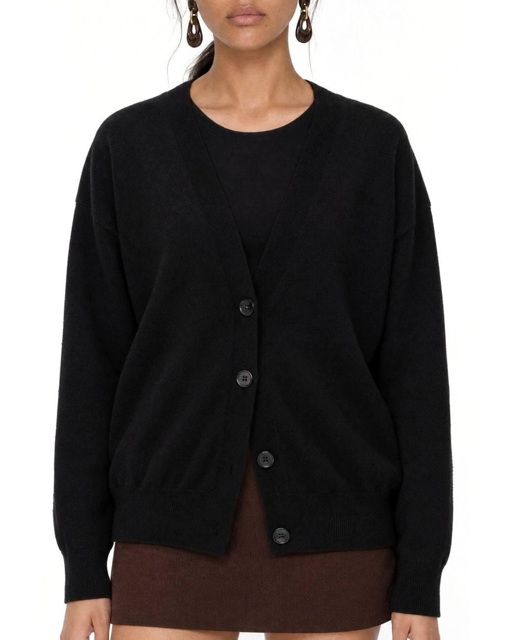 MixRay Black Long Ribbed Knitwear Cardigan With V-Neck & Button Closure
