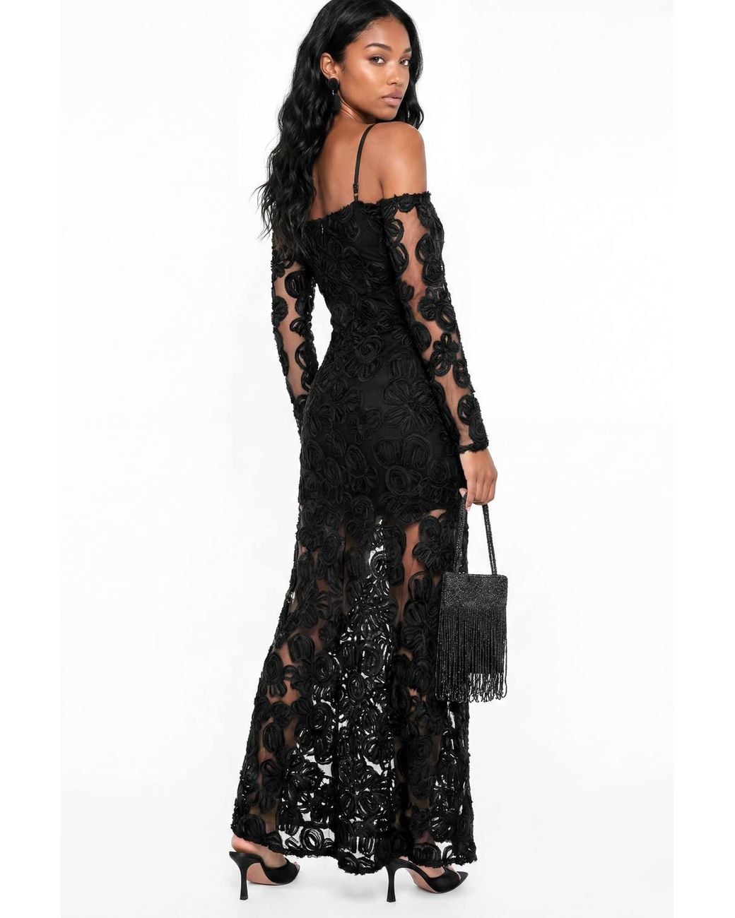 Maya Deluxe Black Cold Shoulder Floral Mesh Maxi Dress