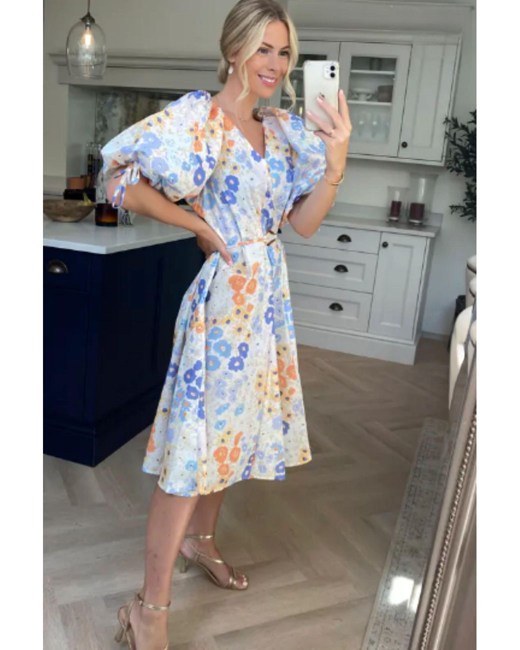 CY Gray Oversized Puff Sleeve Midi Dress