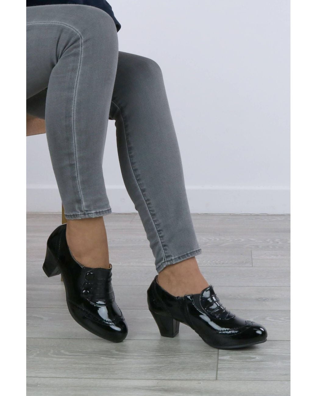 AJVANI Gray Mid Cuban Heel Brogue Buttoned Ankle Boots Shoe Boots