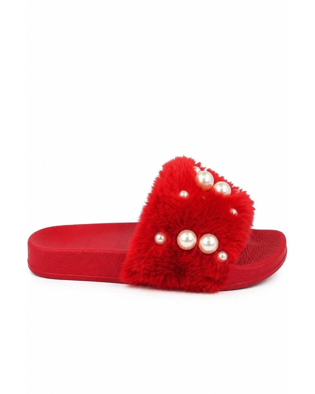 Spot on Red Pearl Detail Faux Fur Slider Slippers