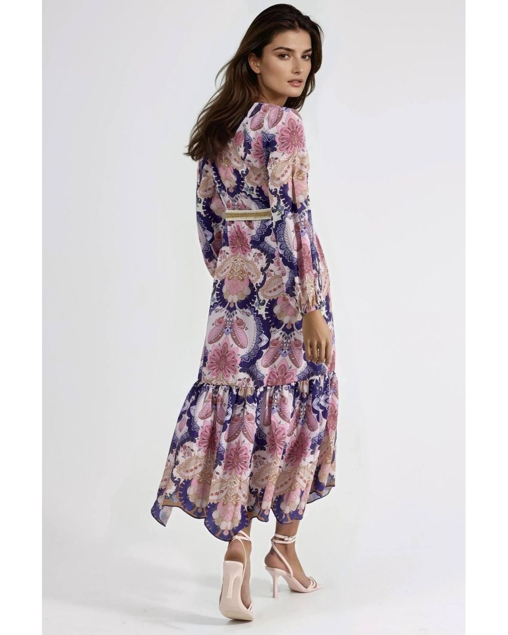 Msn-Collection Red Belted Paisley Patterned Midi Dress