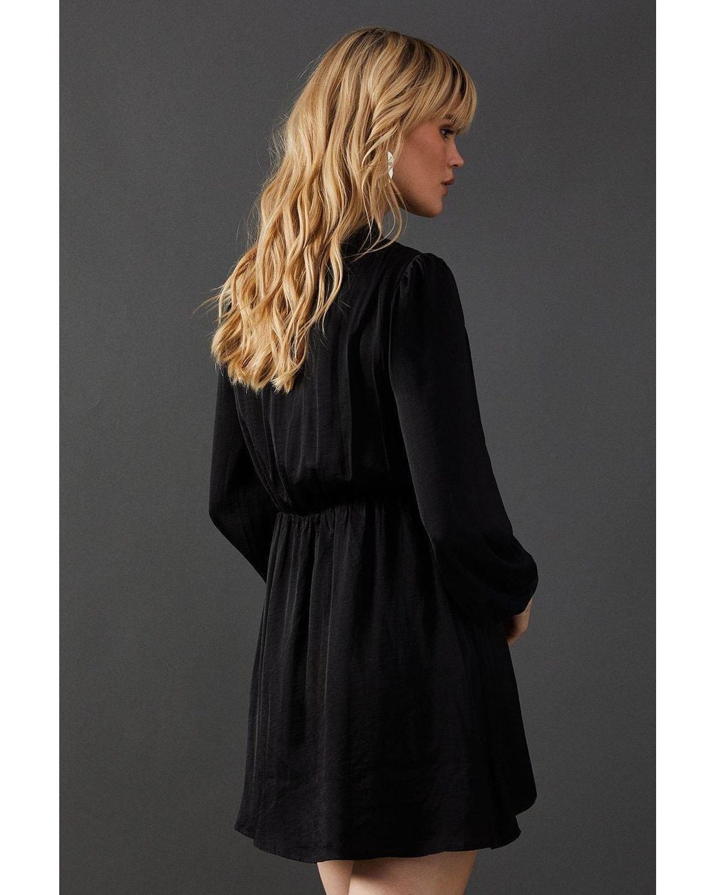 Warehouse Black Satin Tie Neck Flippy Mini Dress