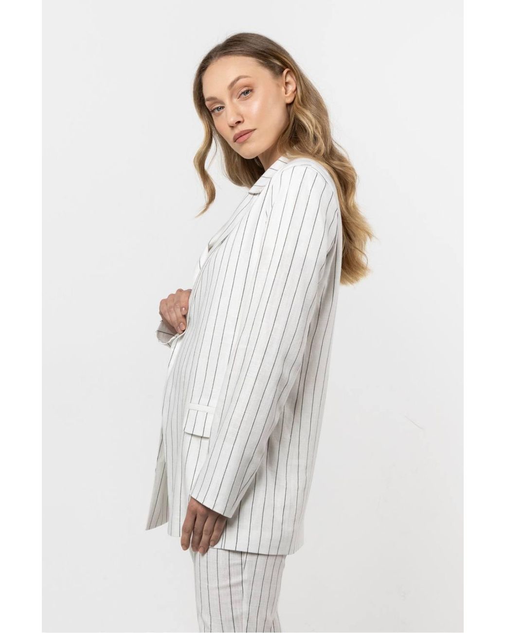 Love Lace White Cotton Striped Relaxed Collared Blazer