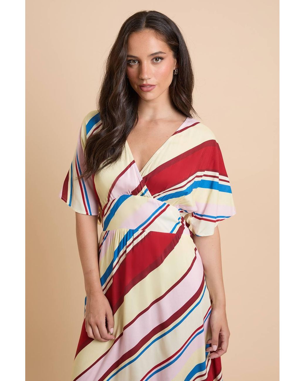 Dorothy Perkins Pink Stripe Cape Sleeve Plunge V Neck Maxi Dress