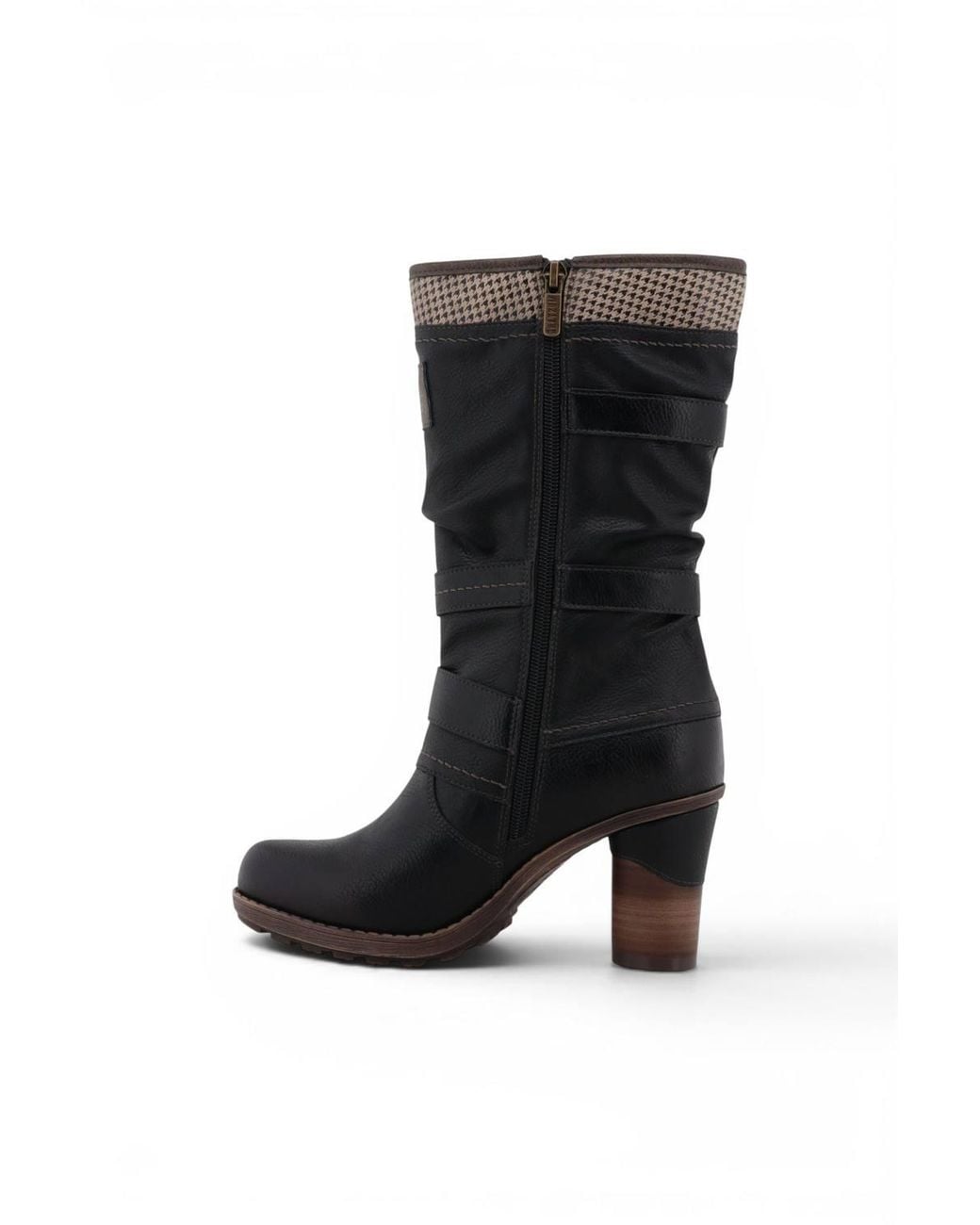 Infinity Leather Black Mustang Mid-Calf Heeled Long Boots