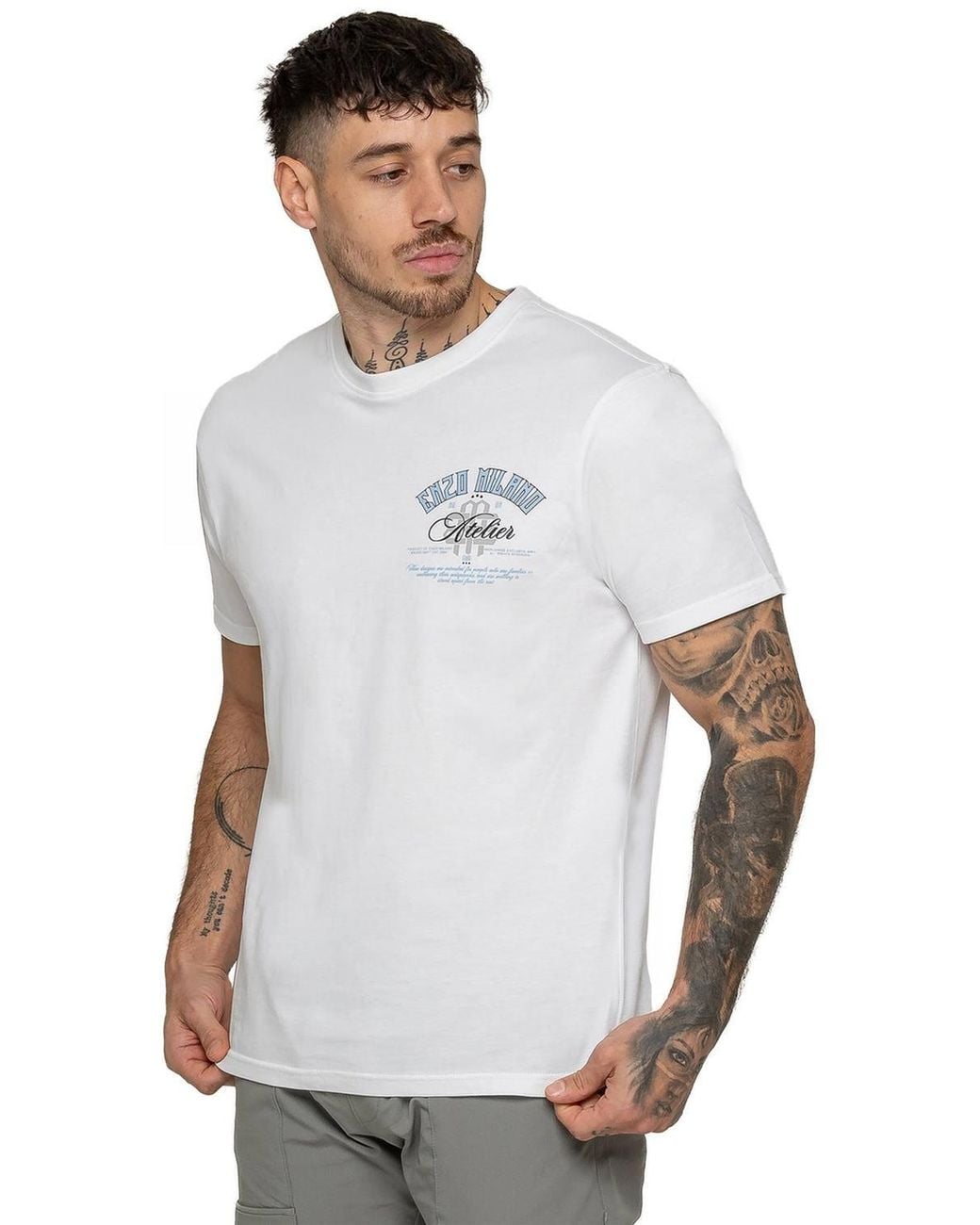 Enzo Gray Crew Neck Atelier Print T-Shirt for men