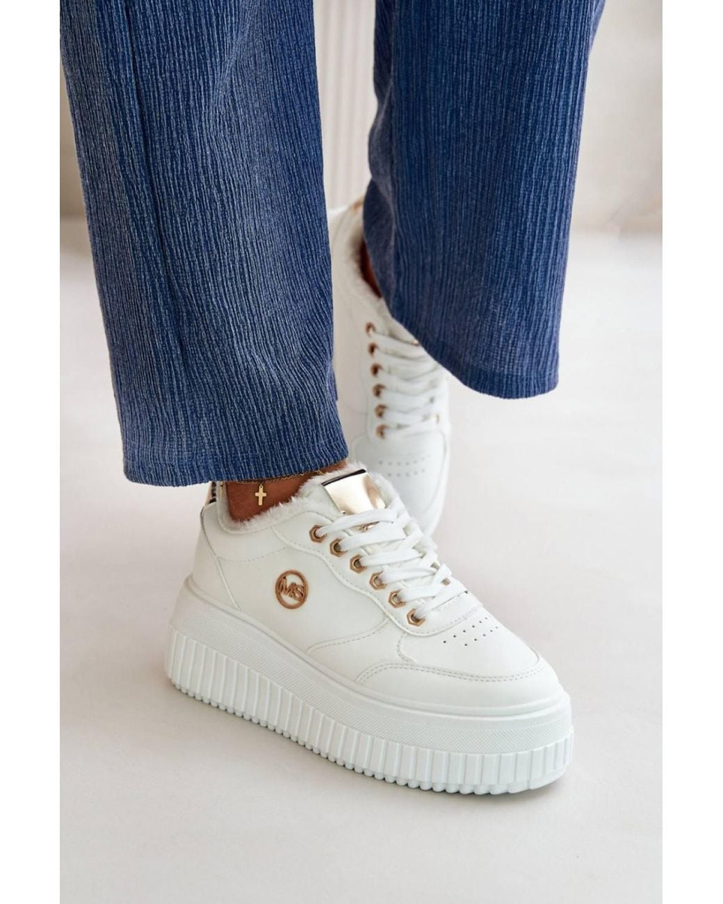 Love Lace Blue Platform Warm Lined Faux Leather Chunky Trainers