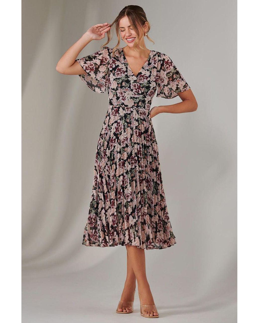 Jolie Moi Black Chiffon Pleated Wrap Midaxi Dress