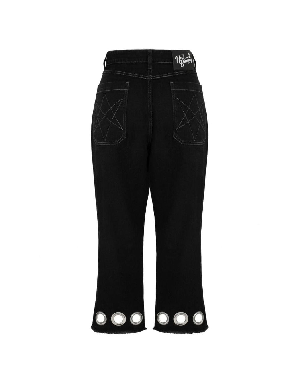 Hell Bunny Black Destroya Denim Cropped Wide Leg Jeans With Raw Hem & Eyelet Detail