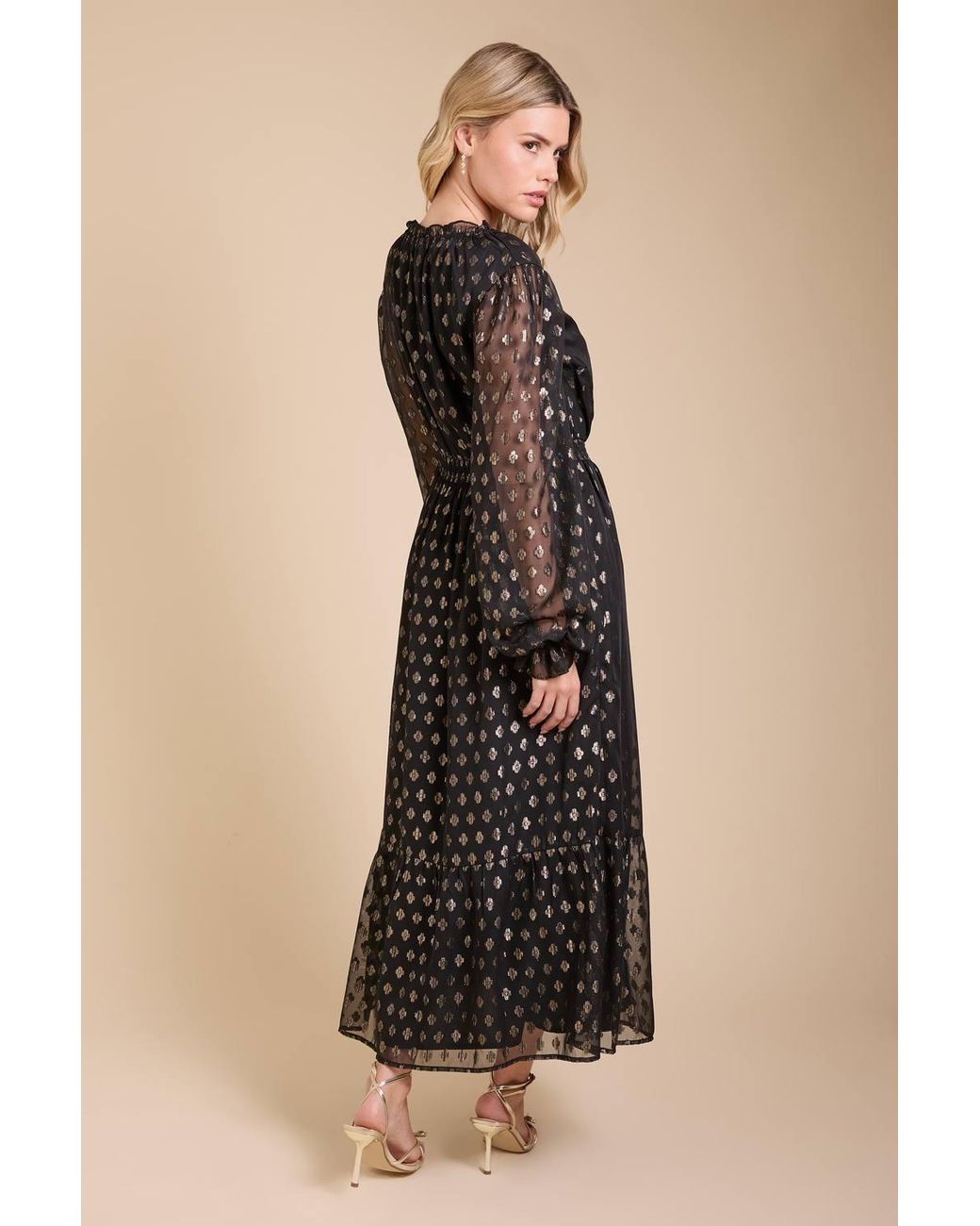 Dorothy Perkins Black Tie Neck Metallic Jacquard Blouson Sleeve Midaxi Dress
