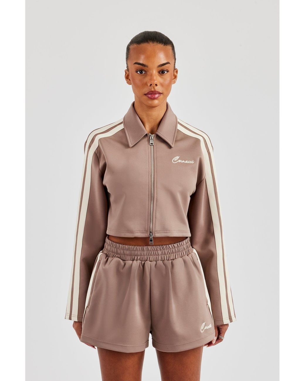CERNUCCI Brown Taping Cropped Harrington Jacket