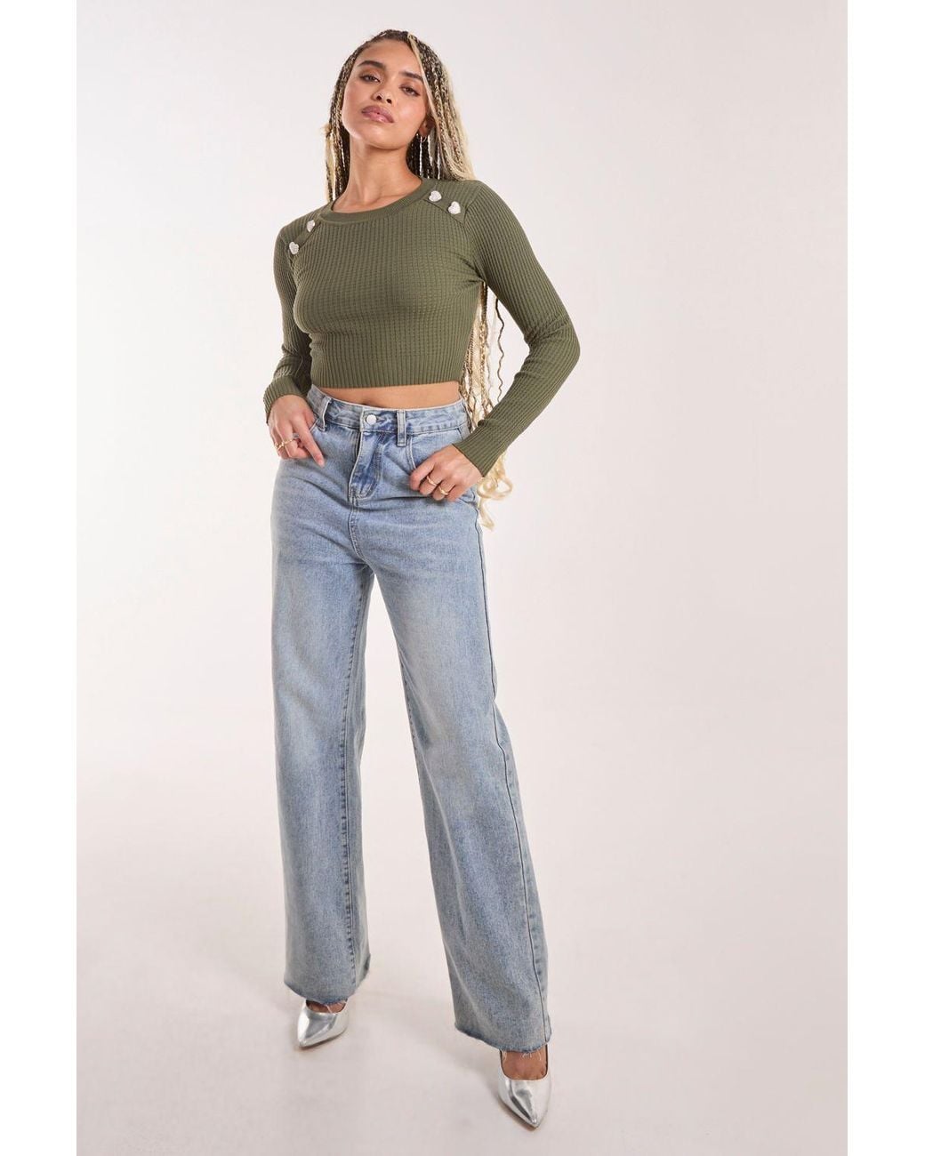 Pink Vanilla Green Heart Embellishment Rib Knit Top