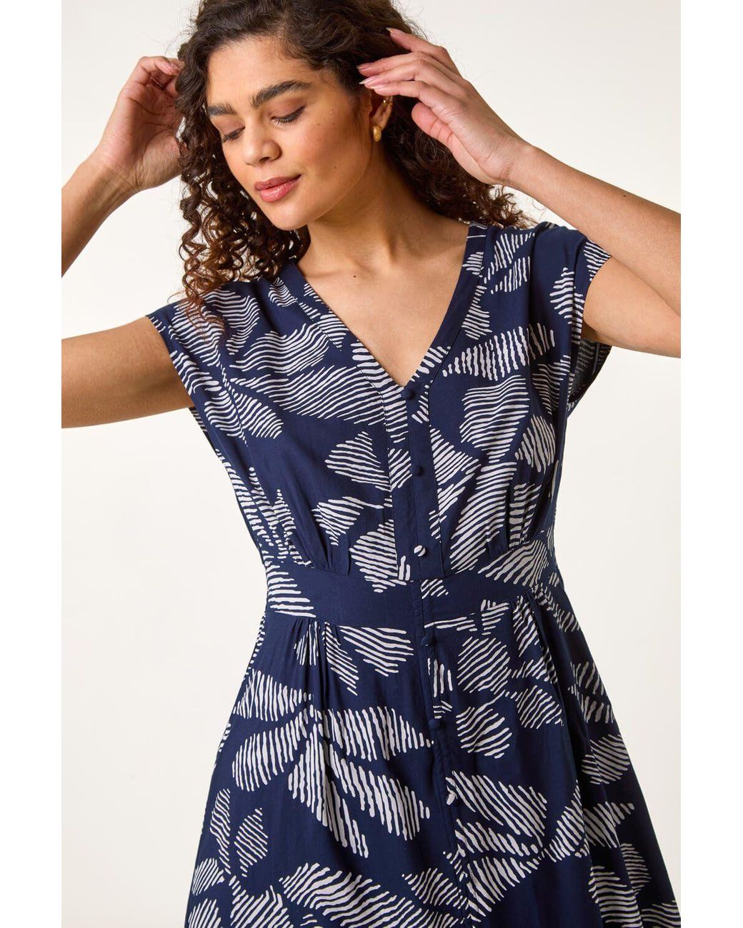 Roman Blue Leaf Print Buttoned Midi Dress