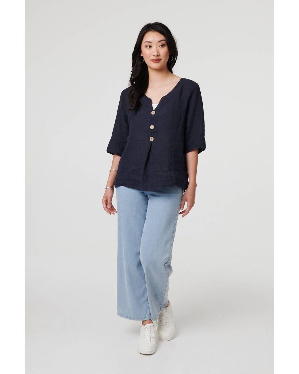 Izabel London Blue Button Detail 3/4 Sleeve Relaxed Blouse