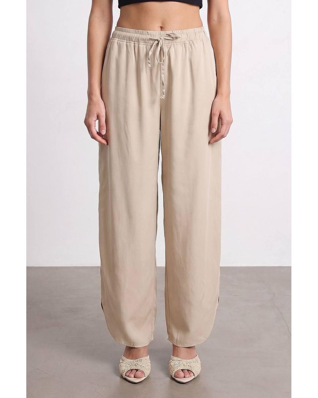 Dilvin Natural Tencel Wide-Leg Crepe Trousers With Slit