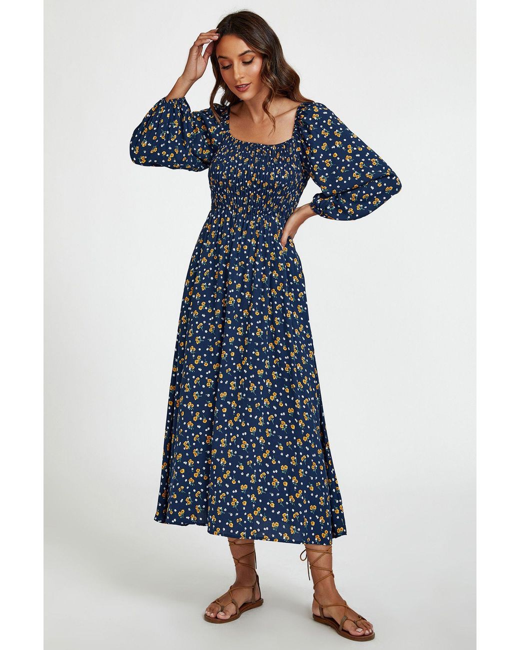 FS Collection Blue Print Square Neck Midi Dress With Long Sleeves
