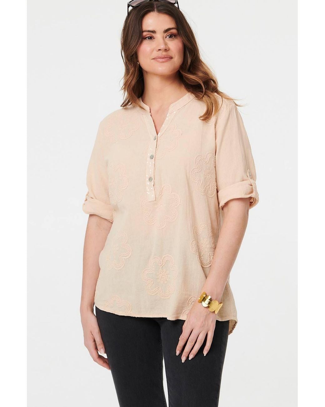 Izabel London Natural Floral 3/4 Sleeve Embroidered Blouse