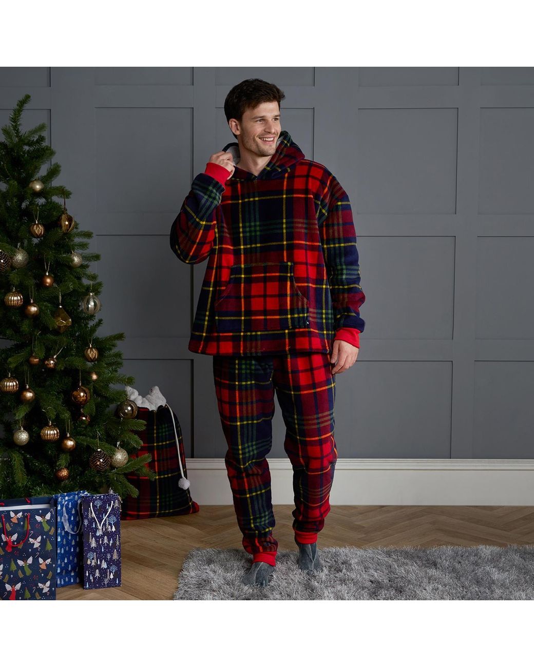 OHS Red Check Pyjamas Supersoft Plush Pjs Hoodie Set Warm Sherpa Fleece Lined Loungewear