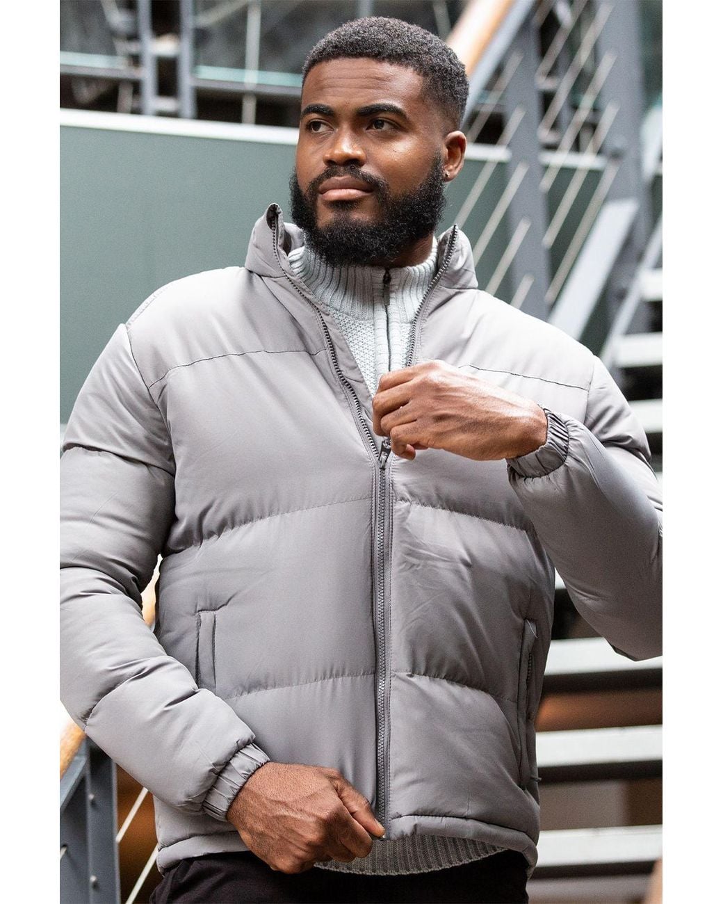 Brave Soul Gray Funnel Neck Padded Jacket for men