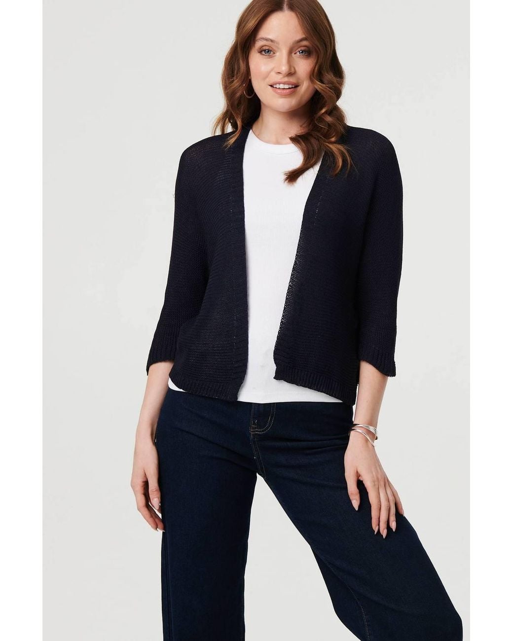 Izabel London Blue Mesh Cropped 3/4 Sleeve Open Cardigan